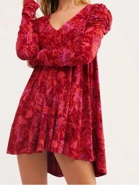 Free People | Hello Lover Red & Pink Floral High-Low Long Sleeve Tunic Dress